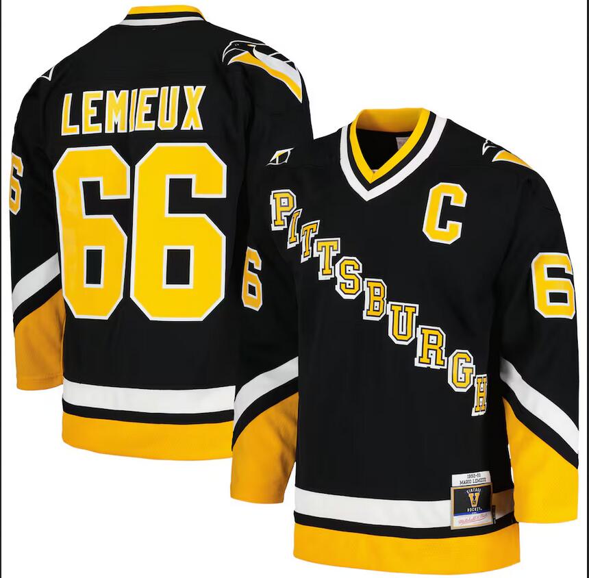 Men Pittsburgh Penguins #66 Mario Lemieux Mitchell  Ness 1992 1993 Blue Line Black Jersey 